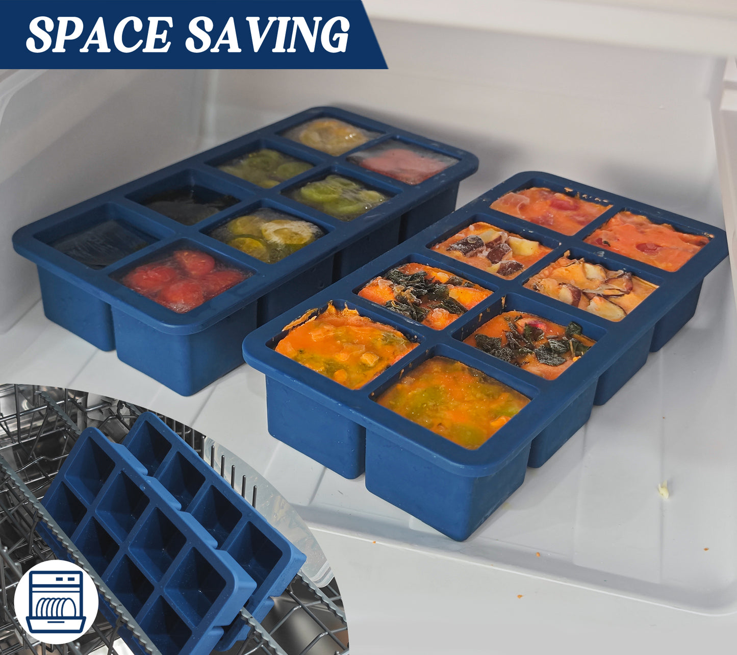Webake 1/2 Cup Silicone Freezer Tray with Lids, 8-Grid Square Ice Cube Mold, Ideal for Prep & Portion, Large Ice Cube, Storage Soup, Snack, Broth, Leftovers, Pack of 2
