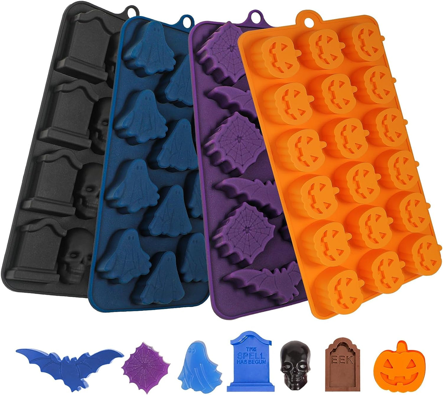 Webake Silicone Halloween Candy Mold with Pumpkin Skull and Tombstone Ghost Bat and Spider (4pcs)