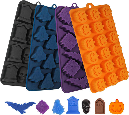Webake Silicone Halloween Candy Mold with Pumpkin Skull and Tombstone Ghost Bat and Spider (4pcs)