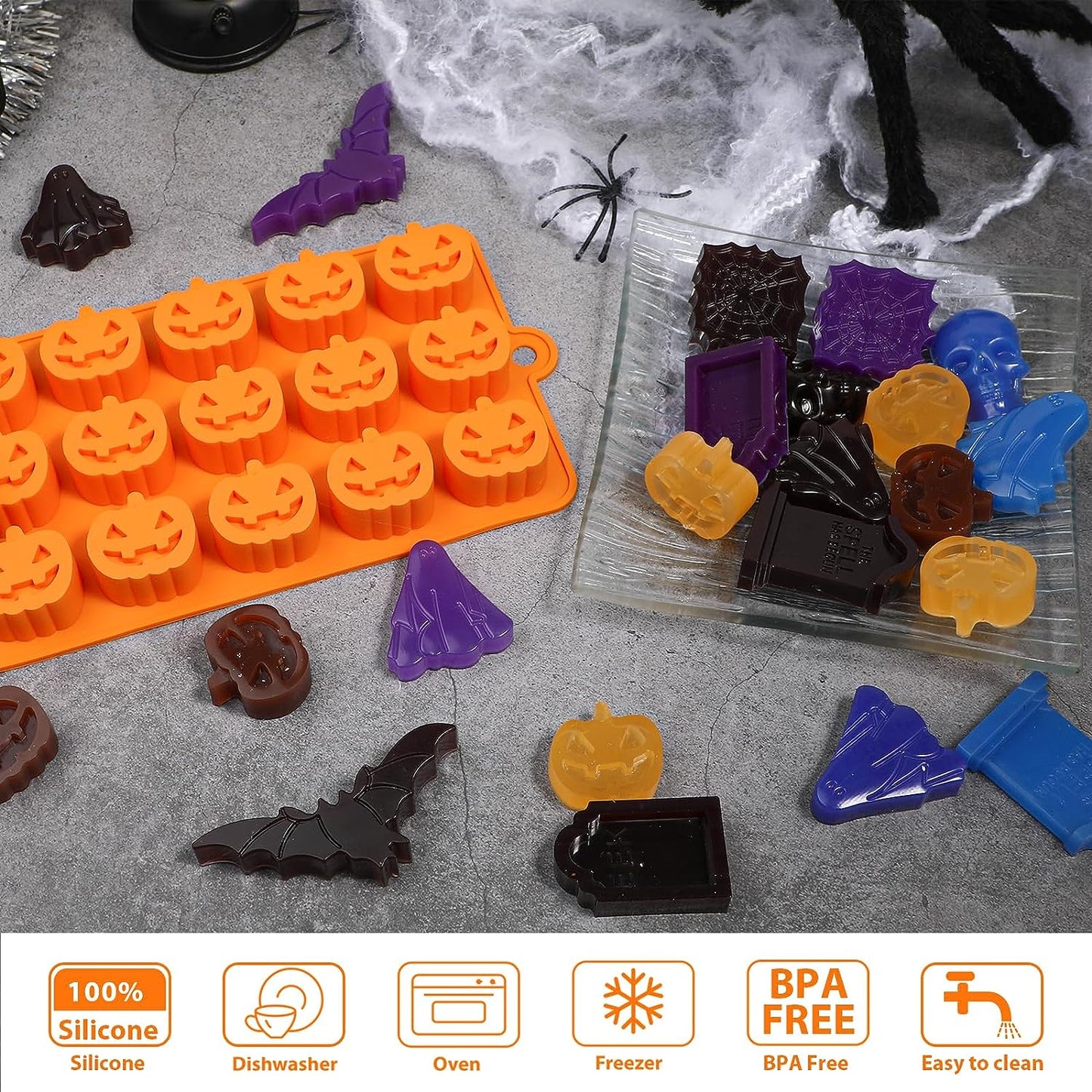 Webake Silicone Halloween Candy Mold with Pumpkin Skull and Tombstone Ghost Bat and Spider (4pcs)