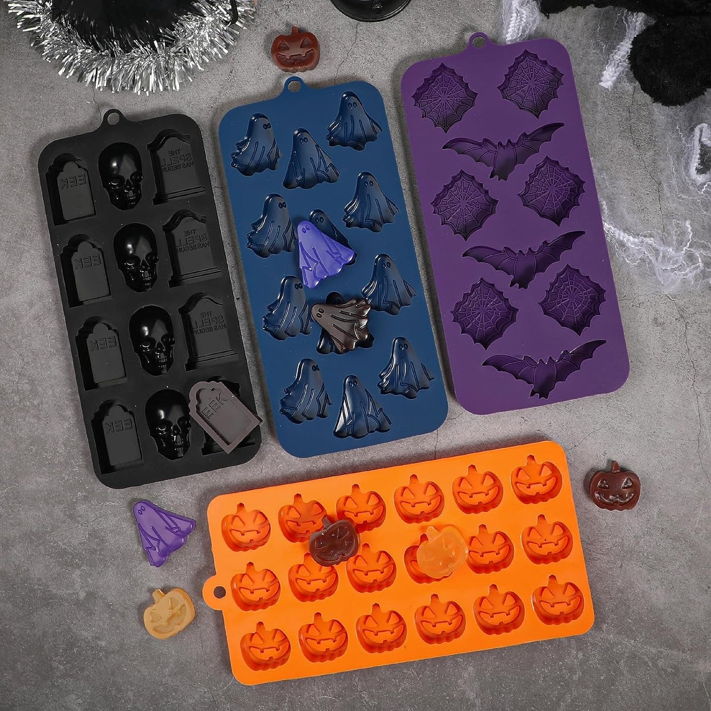 Webake Silicone Halloween Candy Mold with Pumpkin Skull and Tombstone Ghost Bat and Spider (4pcs)