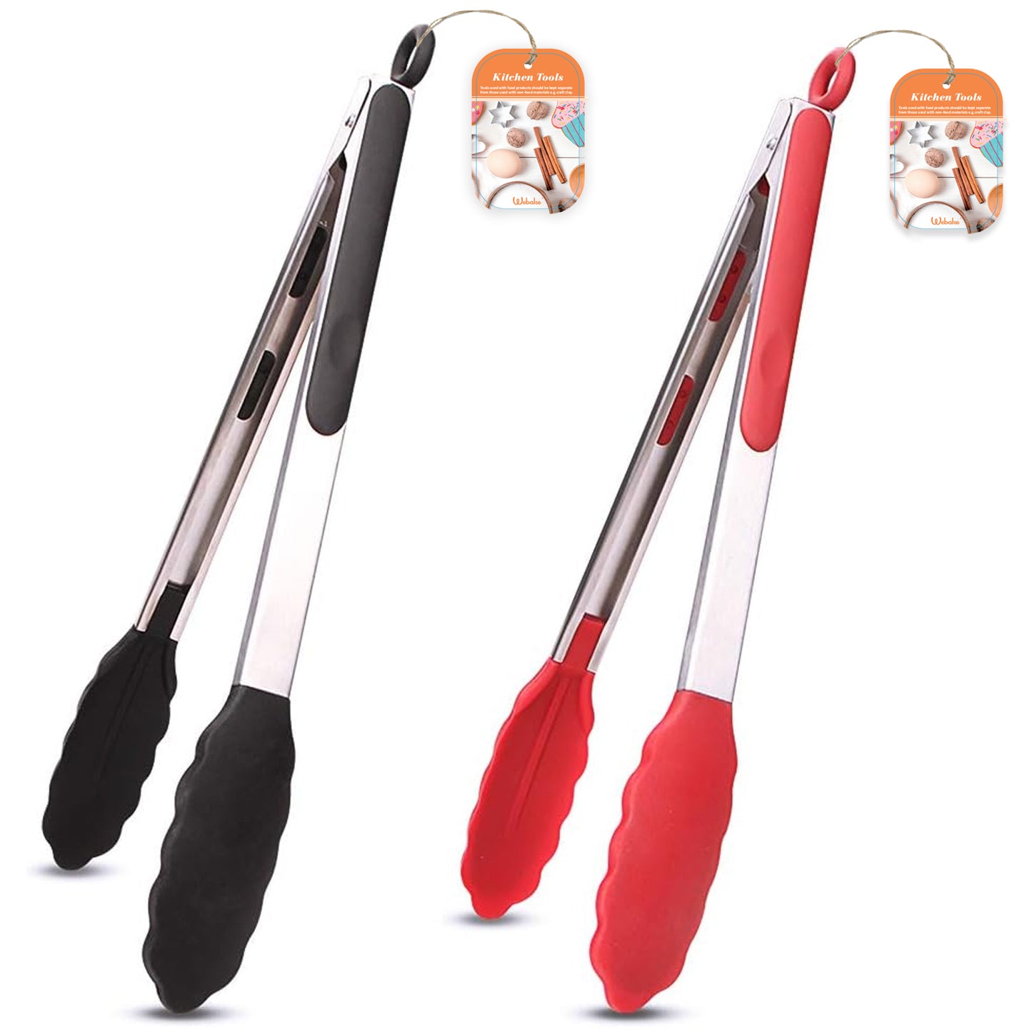 Webake 12 Inch stainless steel and silicone Kitchen Tongs in Pinch Test Grade,Set of 2,Black & Red