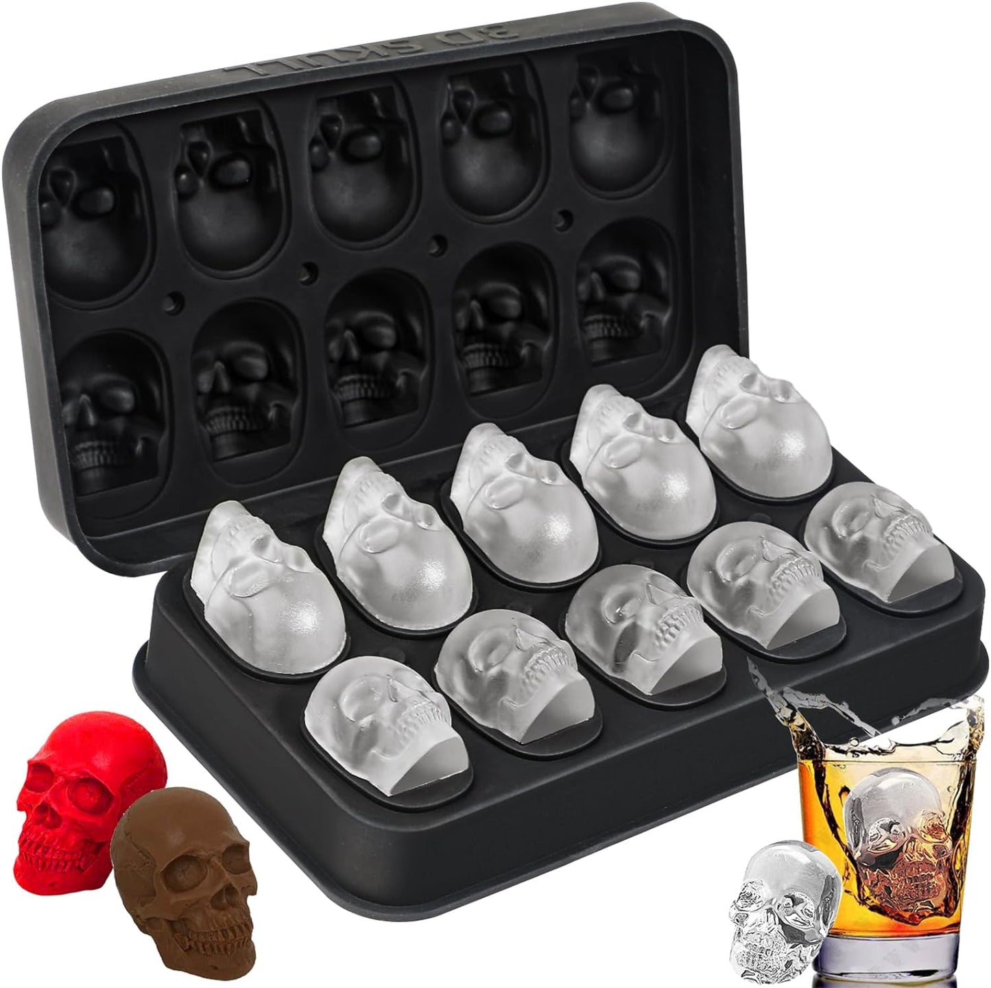 Webake 10 Cavity Halloween Silicone Skull Ice Cube Mold with Lid