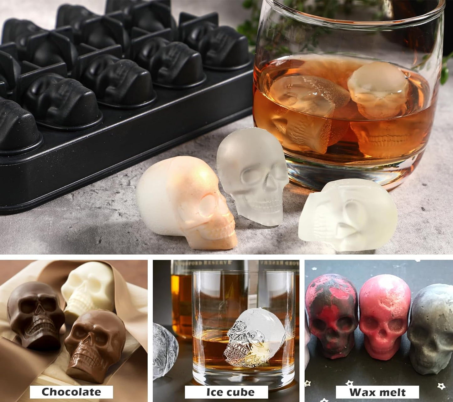 Webake 10 Cavity Halloween Silicone Skull Ice Cube Mold with Lid