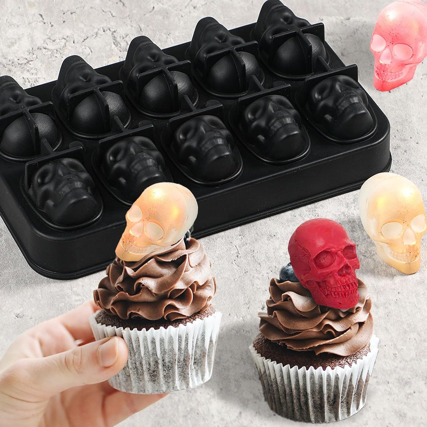 Webake 10 Cavity Halloween Silicone Skull Ice Cube Mold with Lid