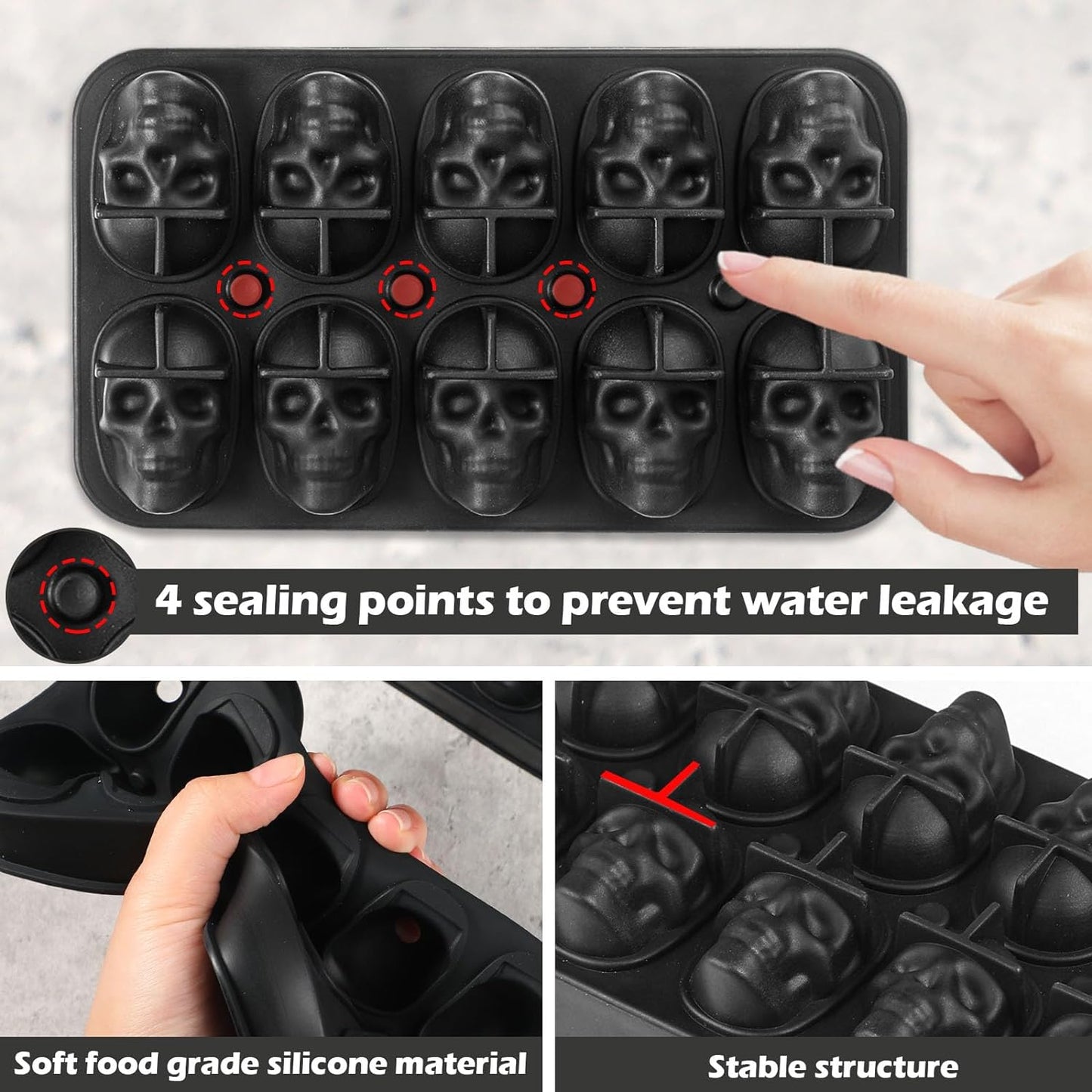 Webake 10 Cavity Halloween Silicone Skull Ice Cube Mold with Lid