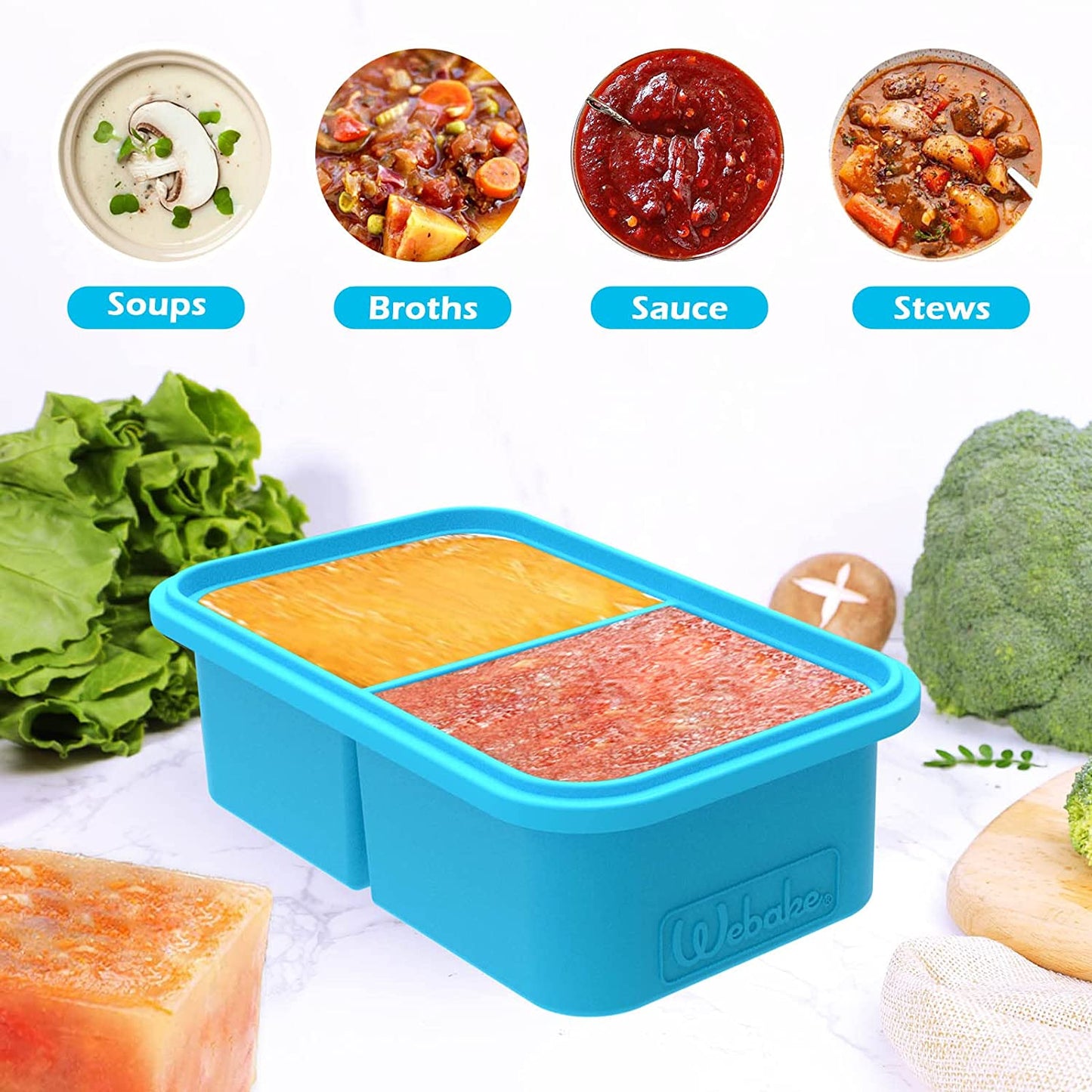 Webake 2 Cup Silicone Food Freezer Storage Container Tray with Lid