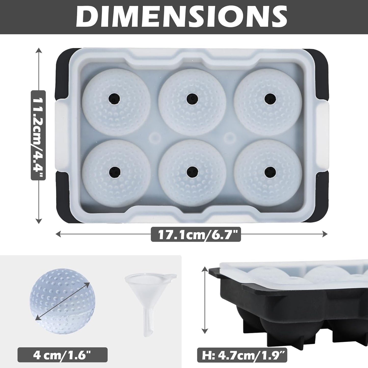 Webake Golf Ball Ice Molds with Lid & Funnel 6 Holes Round Sphere Ice Ball Maker