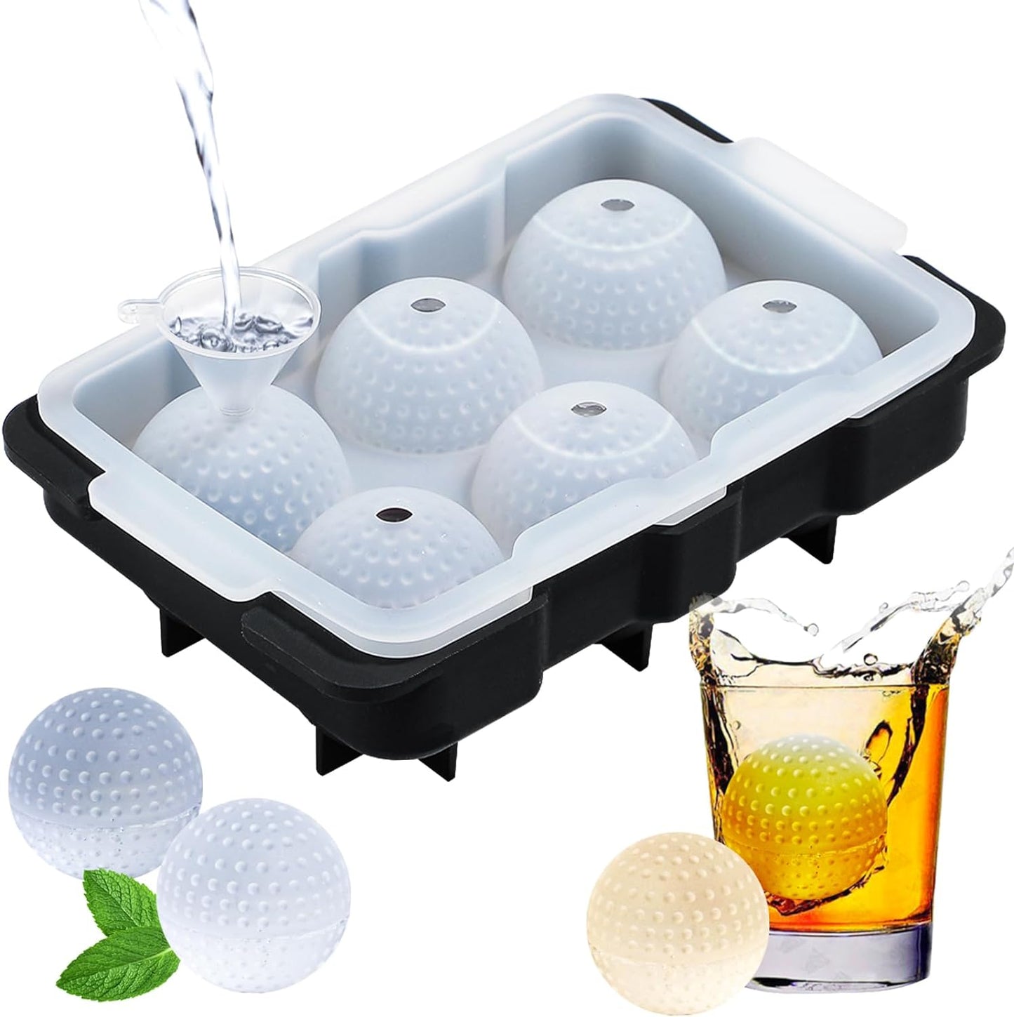 Webake Golf Ball Ice Molds with Lid & Funnel 6 Holes Round Sphere Ice Ball  Maker