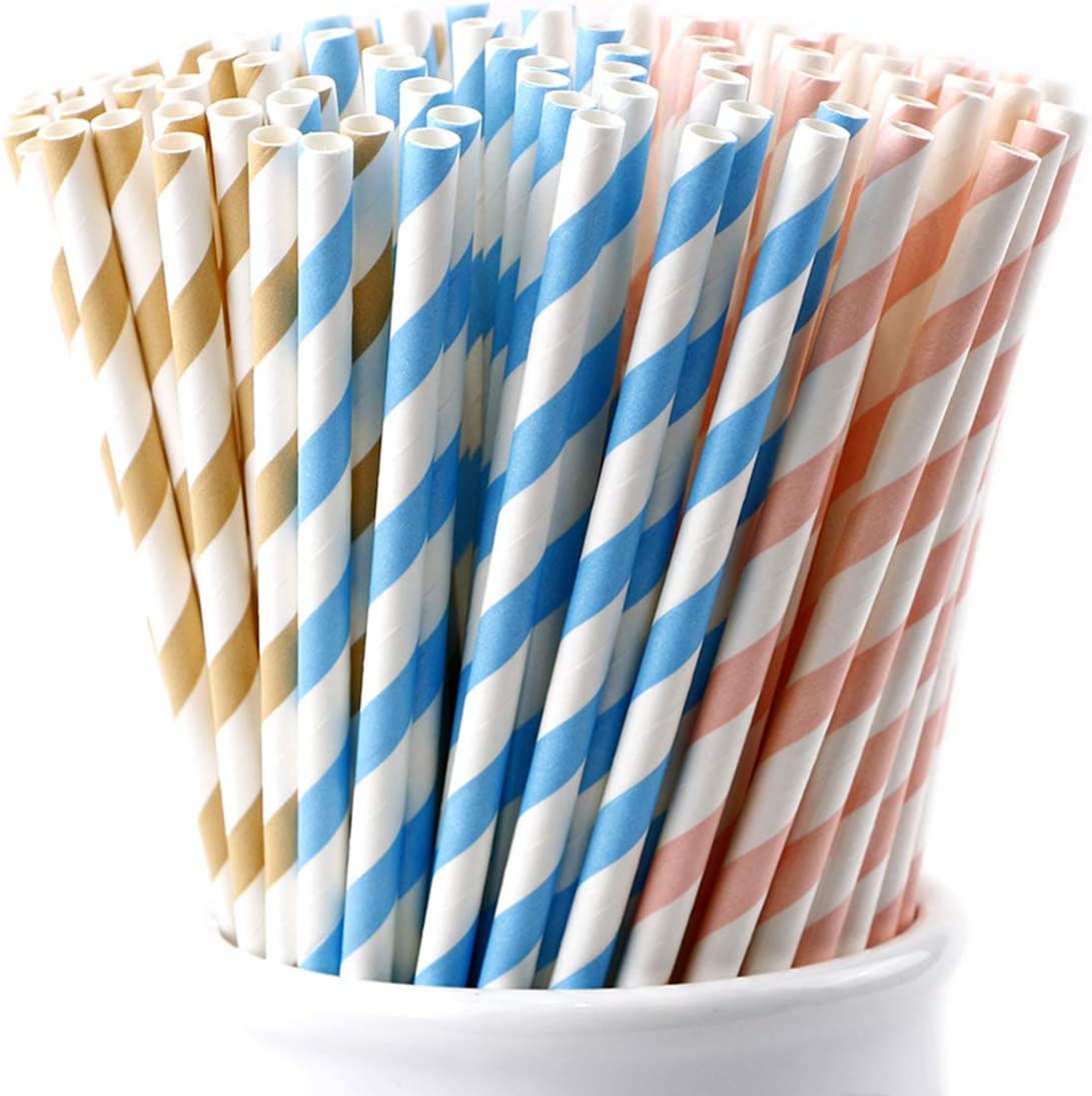 Webake 7 3/4 x 1/4 Inch Biodegradable Pastel Pink Baby Blue Brown Striped Drinking Straws (150 Pack)