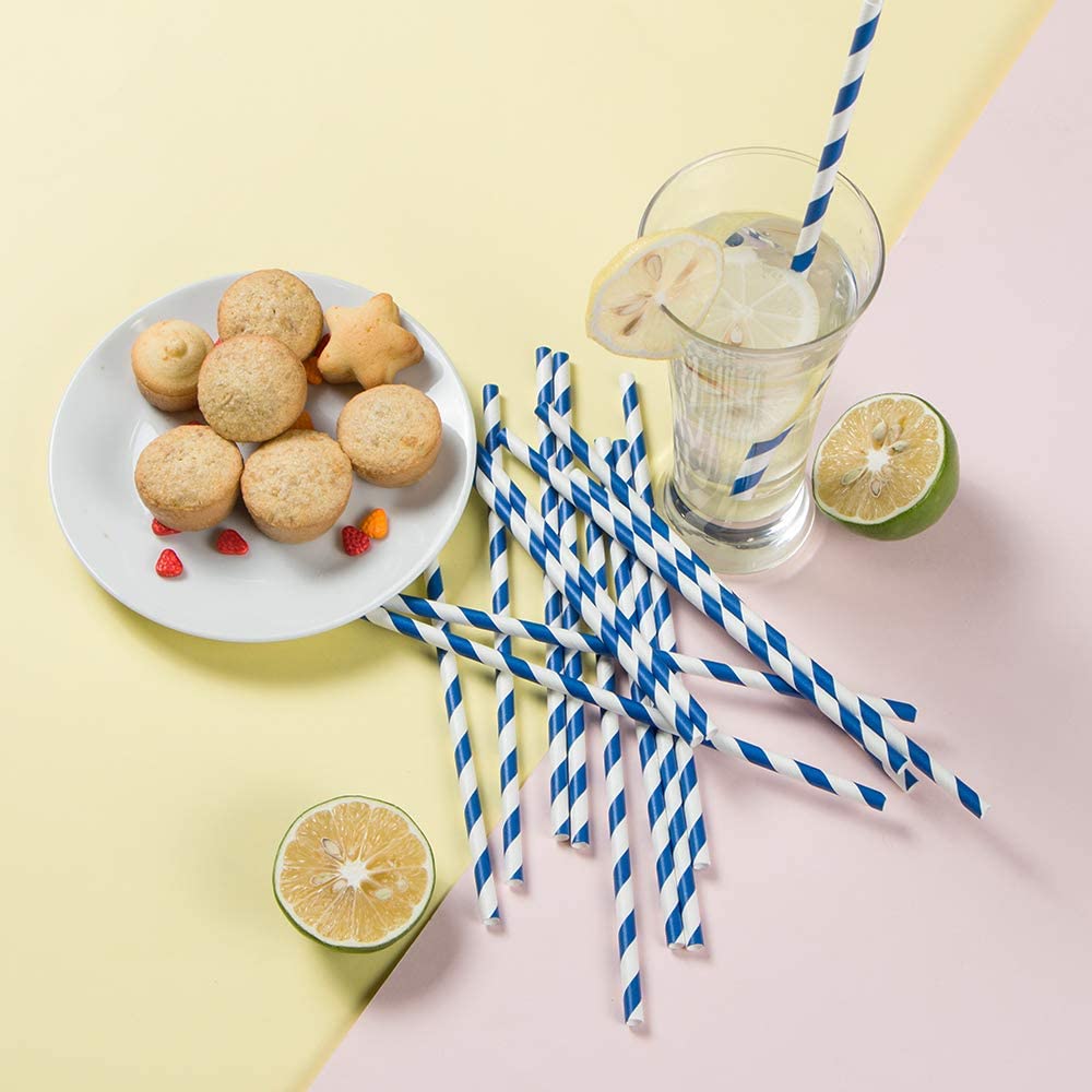 Webake 7.75x0.25 Inch Biodegradable Blue Striped Disposable Flavored Milk Straws (144 Pack)