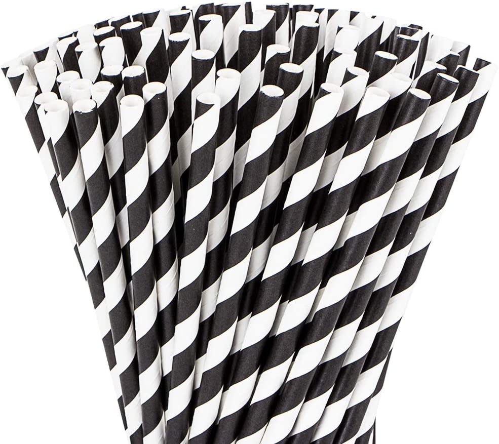 Webake 7.75x0.25 Inch Biodegradable Black and White Striped Disposable Juice Straws (144 Pack)