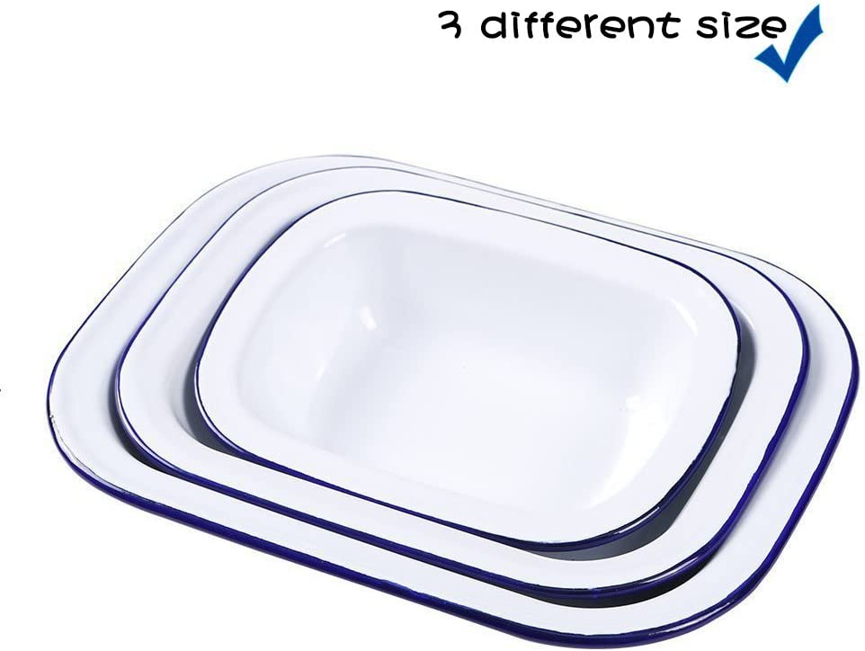 Webake Oblong Solid White Butter Dish Enamelware with Blue Rim