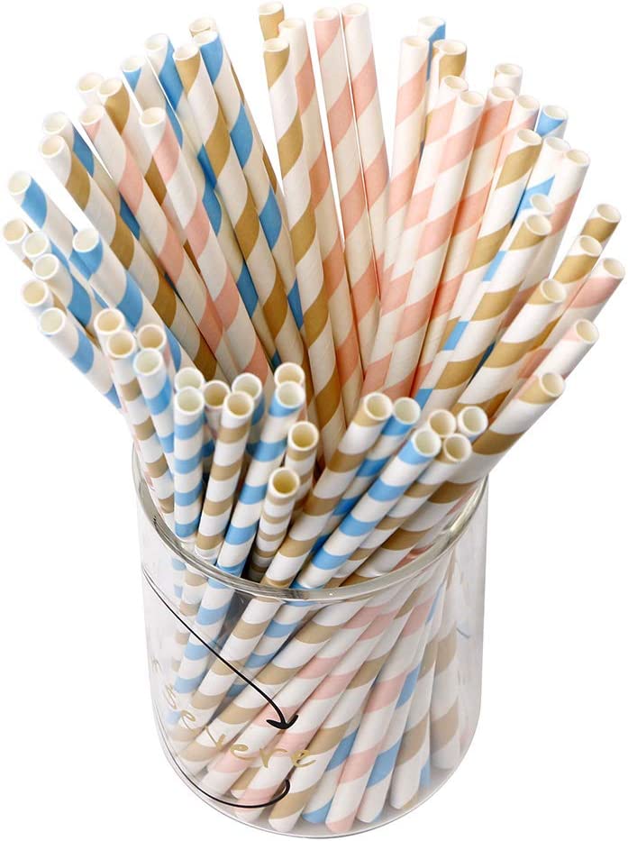 Webake 7 3/4 x 1/4 Inch Biodegradable Pastel Pink Baby Blue Brown Striped Drinking Straws (150 Pack)