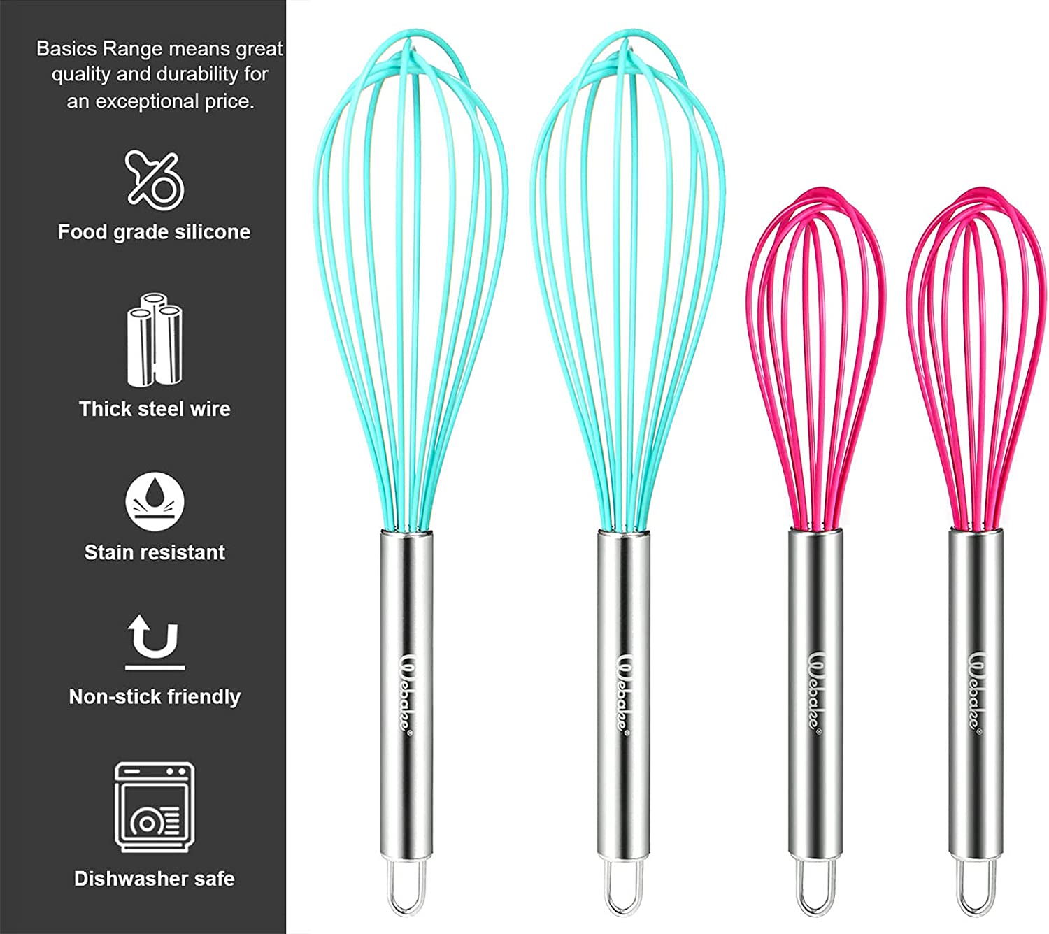 Webake 8 inch and 10 inch balloon nonstick egg beater silicone whisk with  stainless steel handle,Set of 4