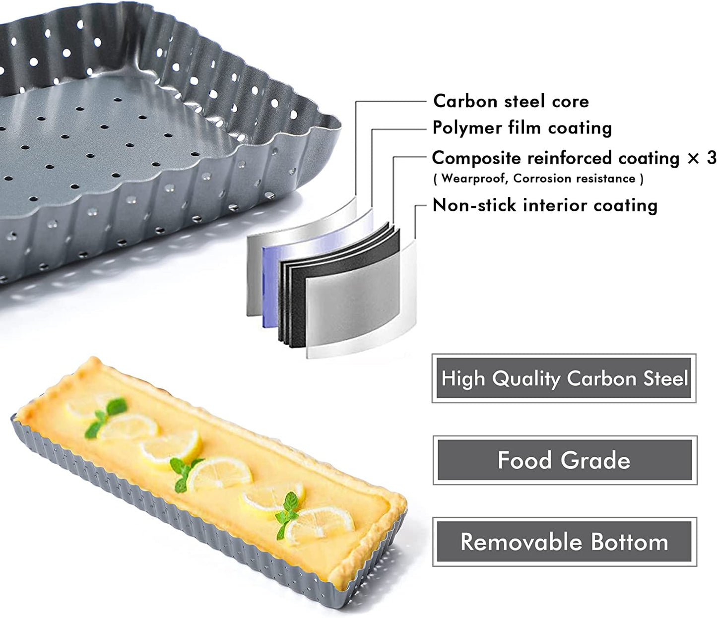 Webake 14 Inch rectangle quiche perforated removable bottom tart baking tray