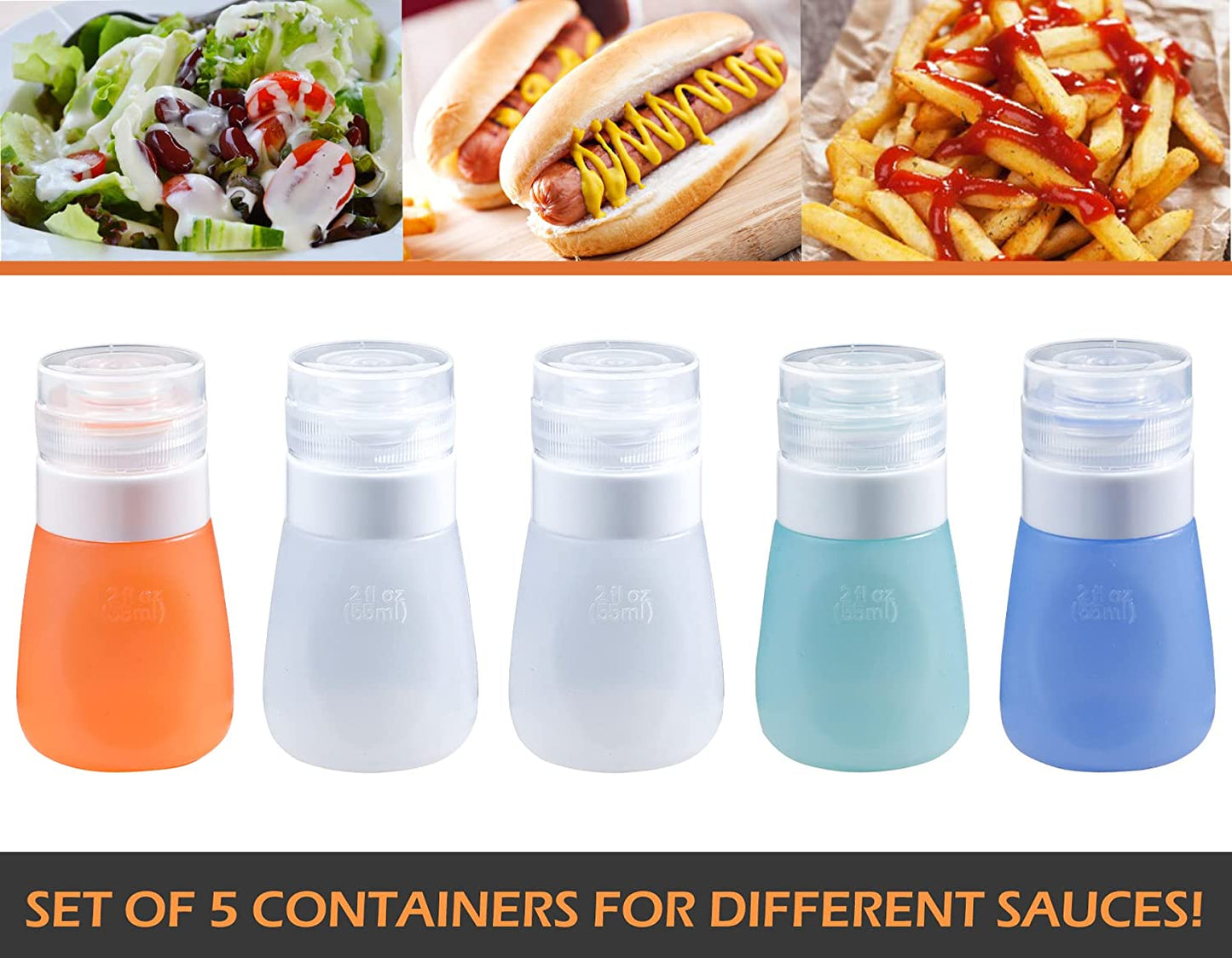 Webake 2oz silicone sauce salad dressing container condiment leak proof squeeze bottles with 2pcs cleaning brush (5 Pack)