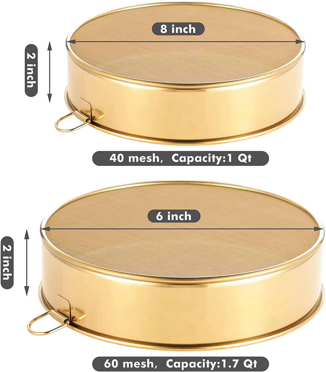 Webake 6-Inch 8-Inch Stainless Steel Sifter Round Flour Sieves Fine Mesh Strainer,Set of 2 (Golden)