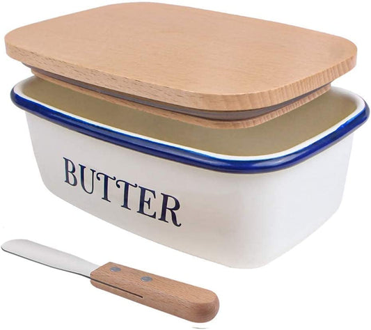 Webake 6.1x3.9 Inch Enamel Butter Dish with Lid and Butter Knife