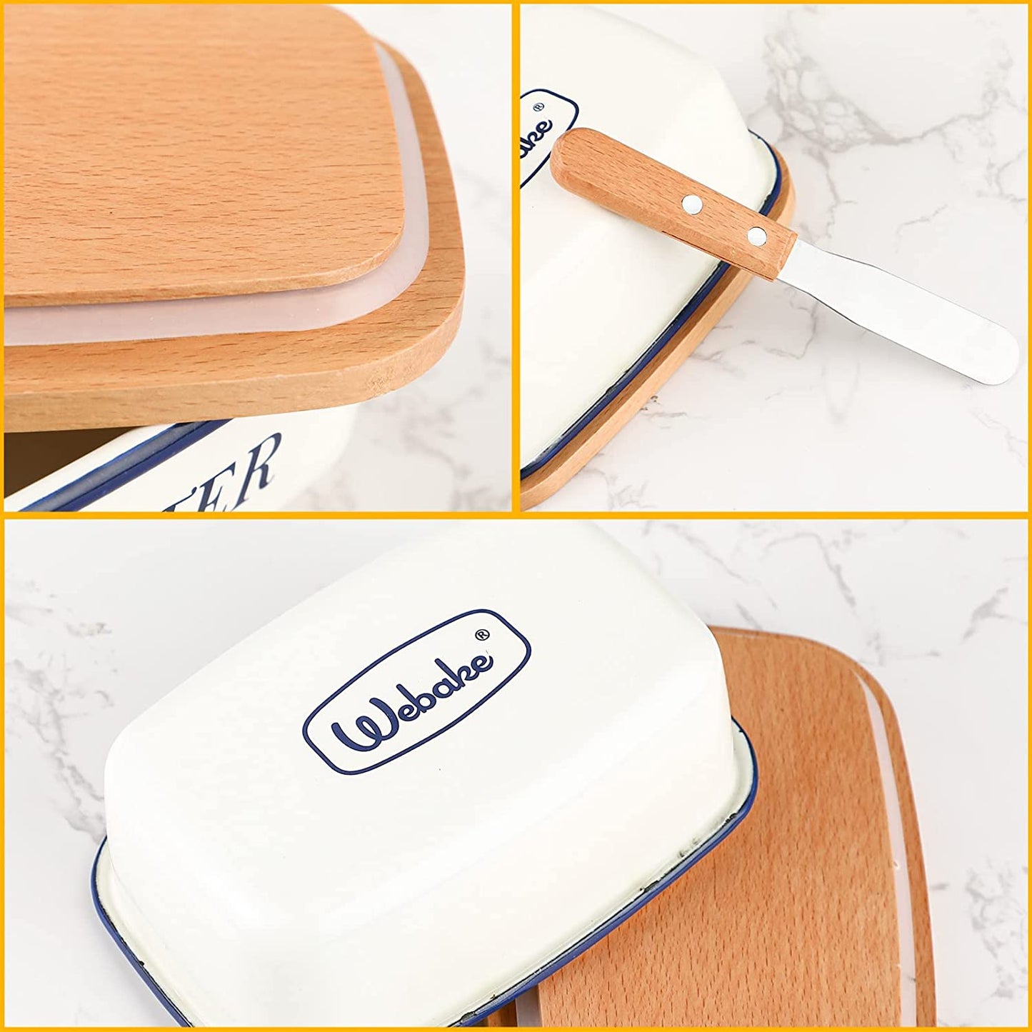 Webake 6.1x3.9 Inch Enamel Butter Dish with Lid and Butter Knife