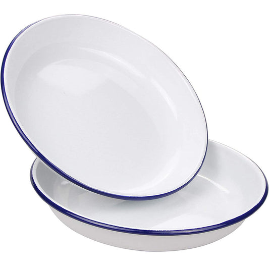 Webake 9.5 inch enamel plates 2 pack salad pasta bowls white body with blue rim