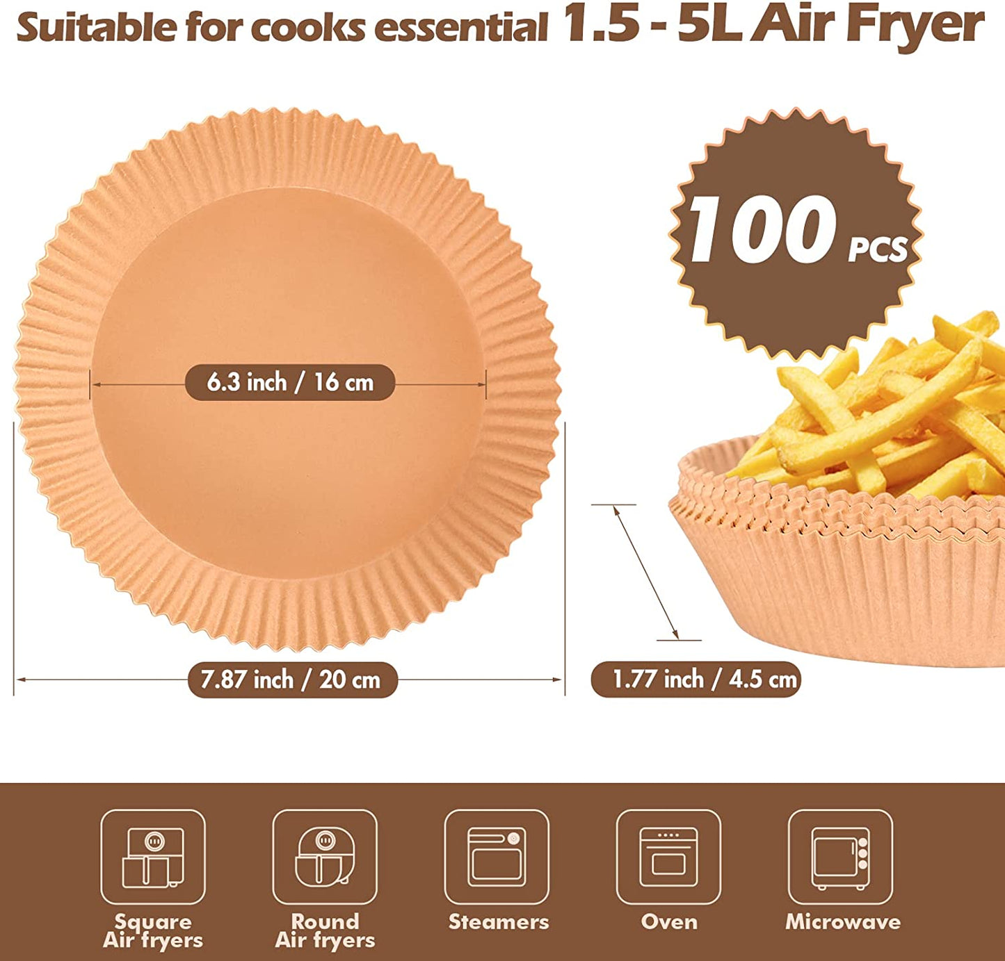 100Pcs Air Fryer Liners, Non-Stick Oil-Proof Air Fryer Paper Liners,  Water-Proof Air Fryer Disposable Paper Liner, Air Fryer Paper for Air Fryer,  Baking, Cooking, Microwave Oven - 16cm/6.3inch price in UAE