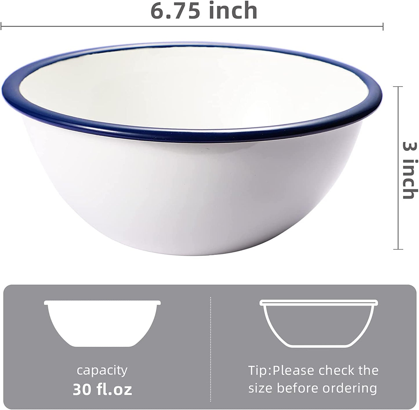 Webake 30 Ounces Round Deep Dish Farmhouse Pasta Enamel Cereal Bowls,Set of 2