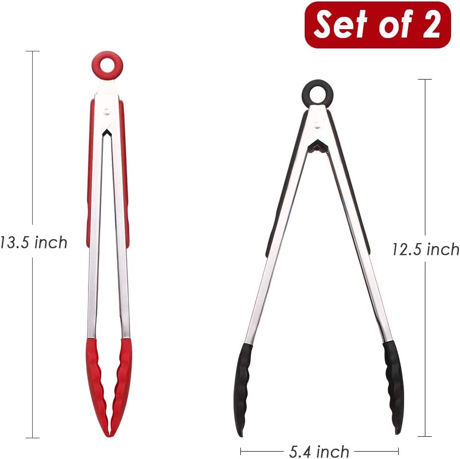 Webake 12 Inch stainless steel and silicone Kitchen Tongs in Pinch Test Grade,Set of 2,Black & Red