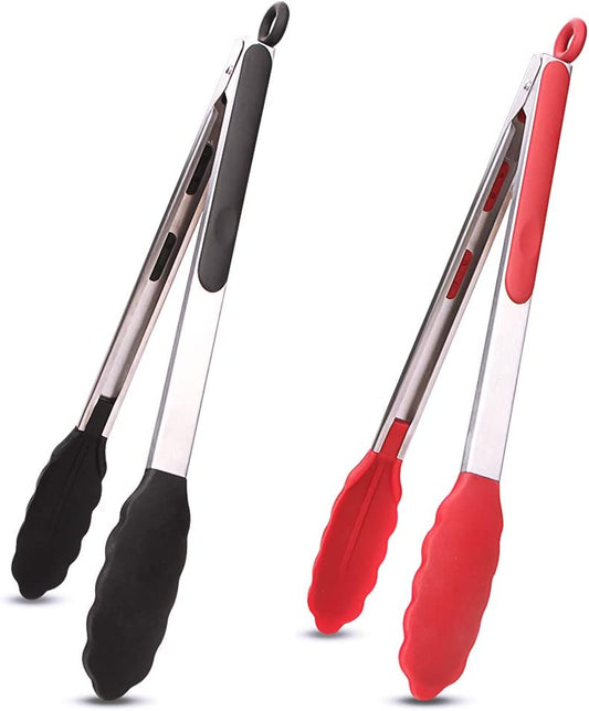 Webake 12 Inch stainless steel and silicone Kitchen Tongs in Pinch Test Grade,Set of 2,Black & Red
