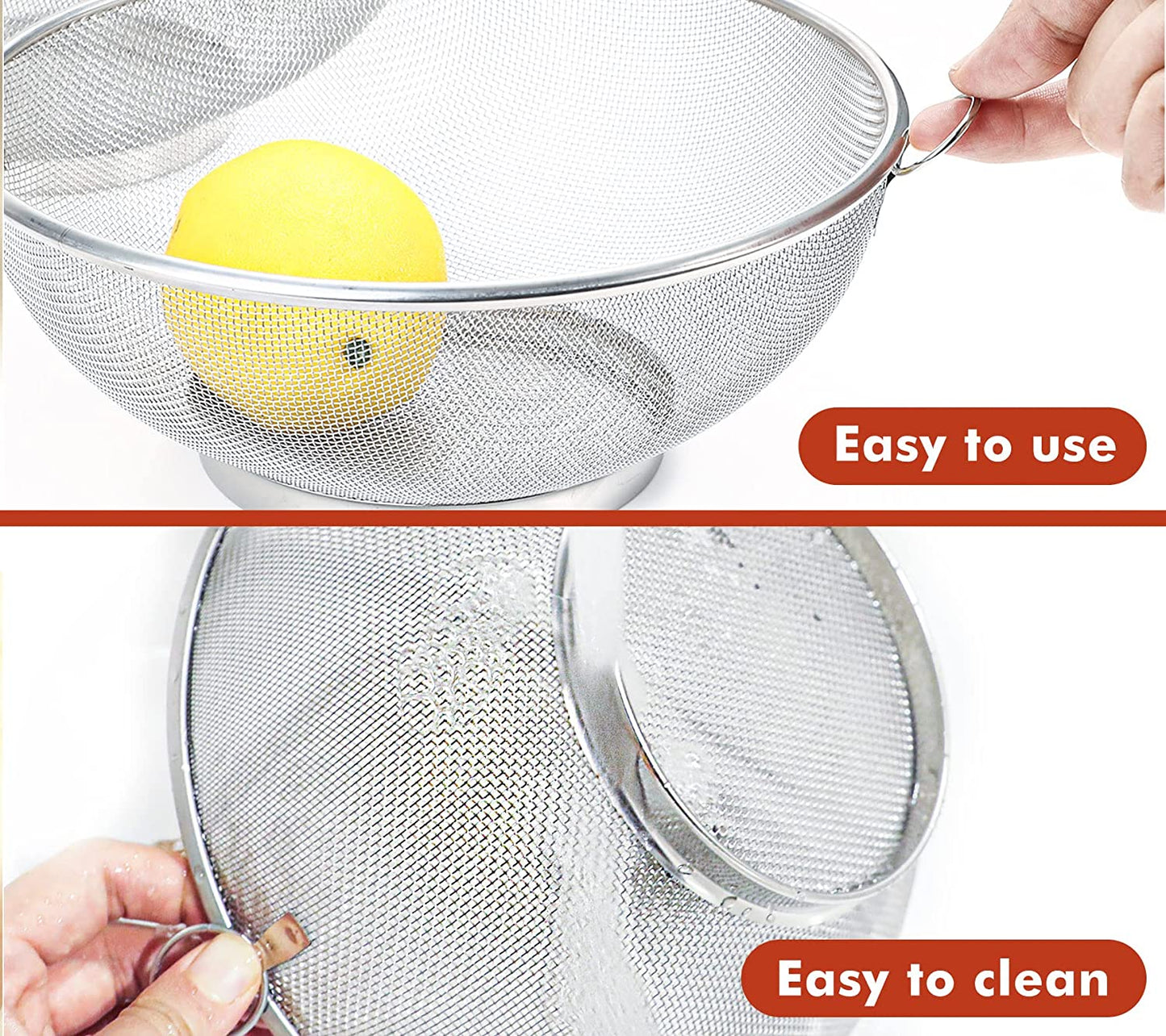 Webake large mesh stainless steel colander 10 (4Qt) and 8.5 (2.8Qt) vegetables strainer,Set of 2