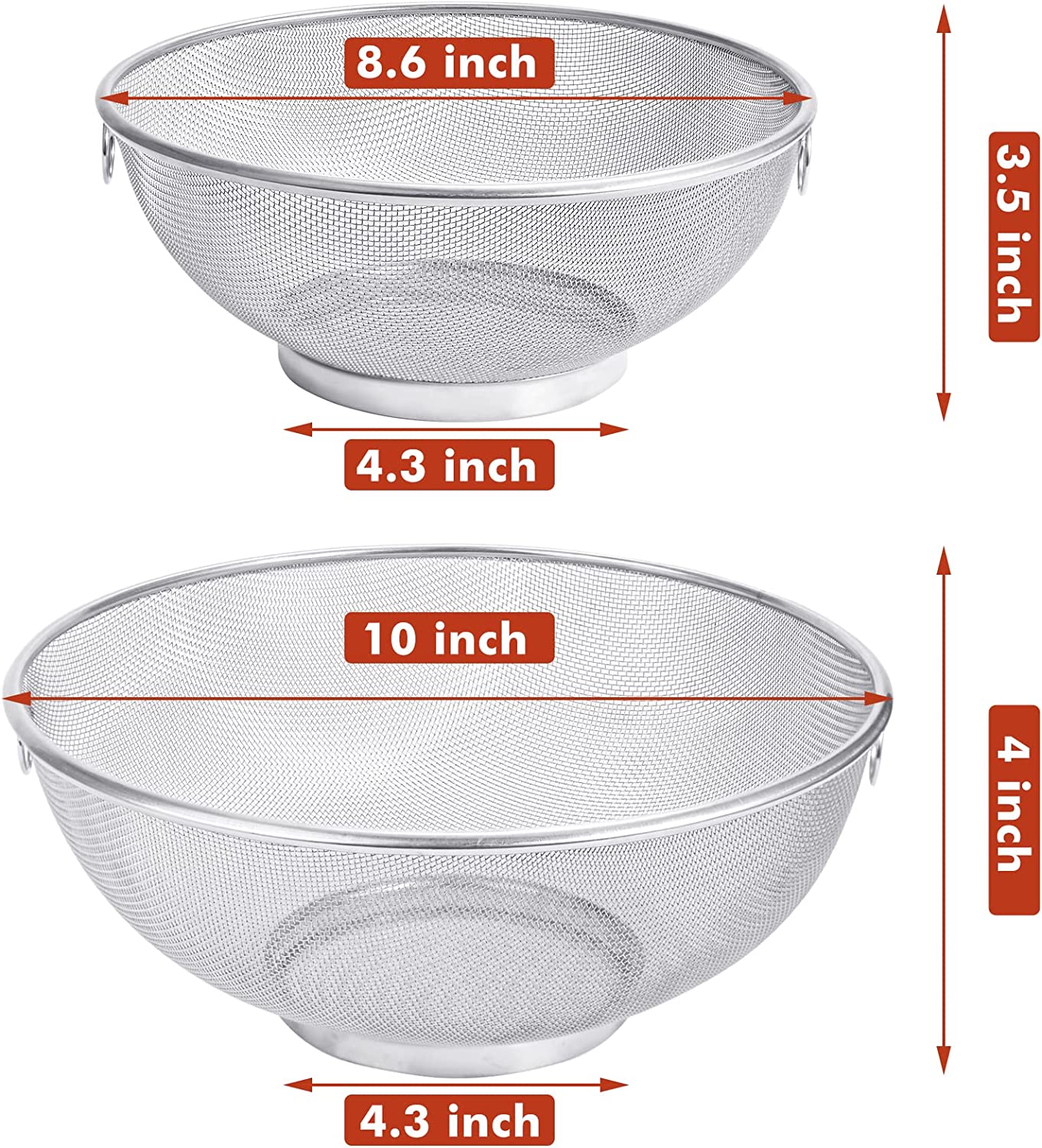 Webake large mesh stainless steel colander 10 (4Qt) and 8.5 (2.8Qt) vegetables strainer,Set of 2