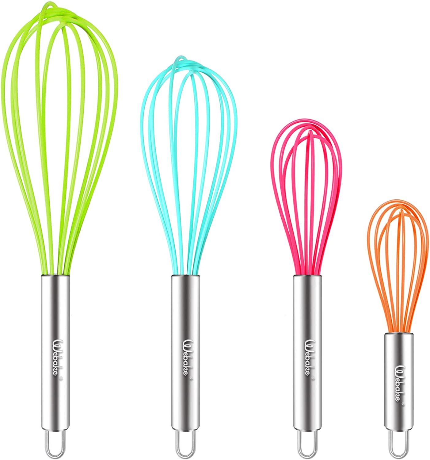 Webake Silicone Heat Resistant Non-Scratch Coated Kitchen Whisks (Set of 4)