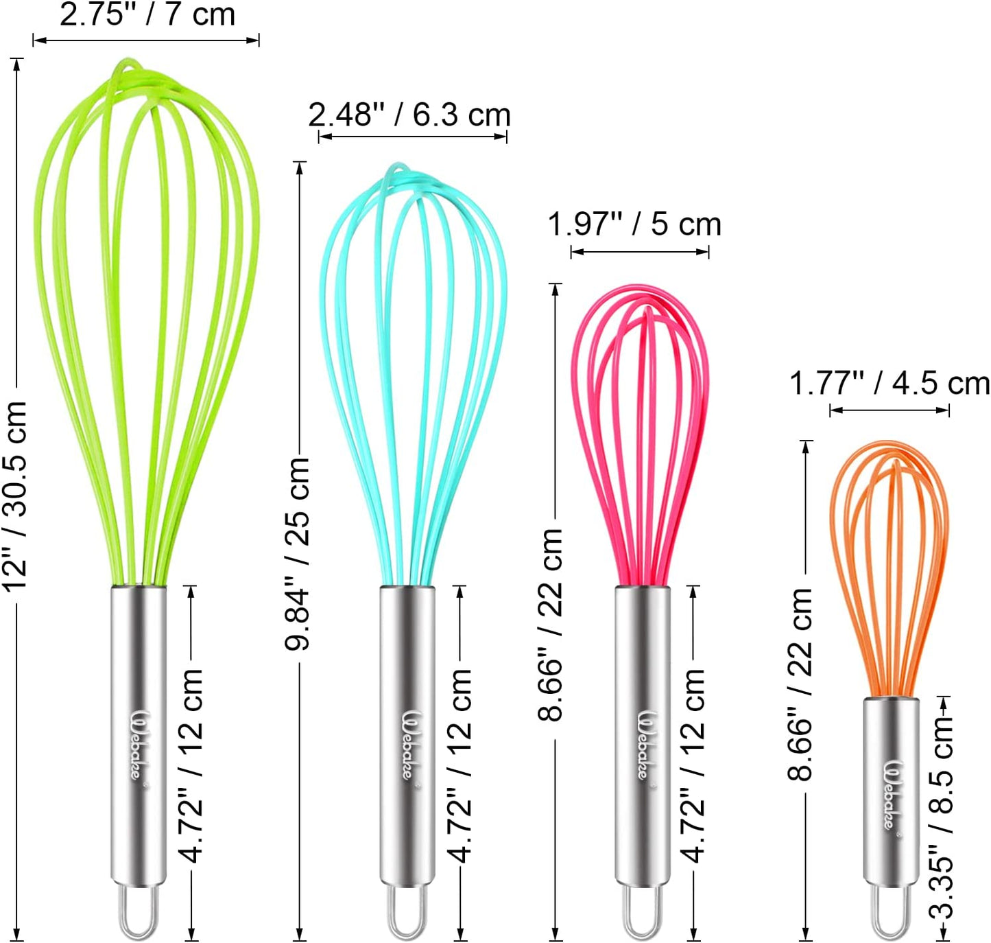 Webake Silicone Heat Resistant Non-Scratch Coated Kitchen Whisks (Set of 4)