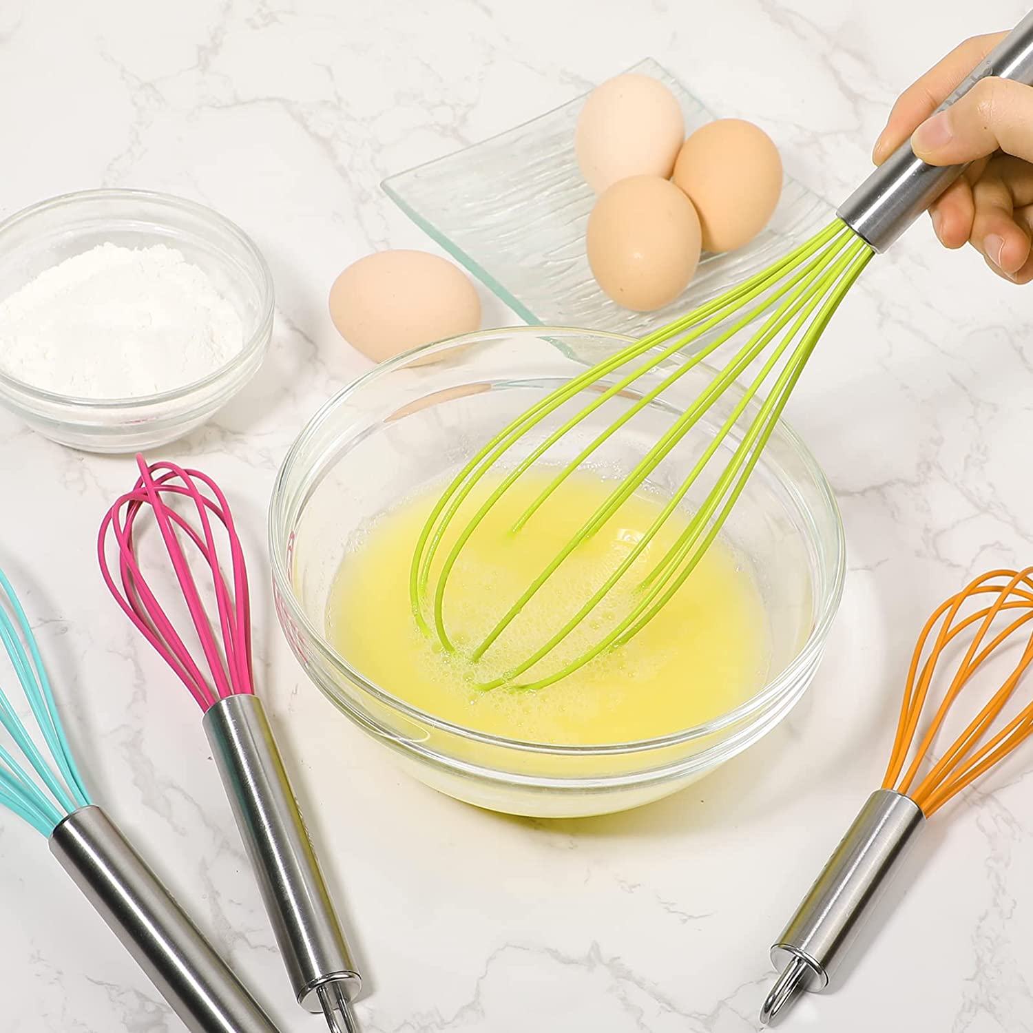 Webake Flat Whisk Set of 3, Silicone Whisk Heat Resistant Kitchen Whisks  for Non-stick Cookware, Egg Beater Perfect for Blending, Whisking, Beating