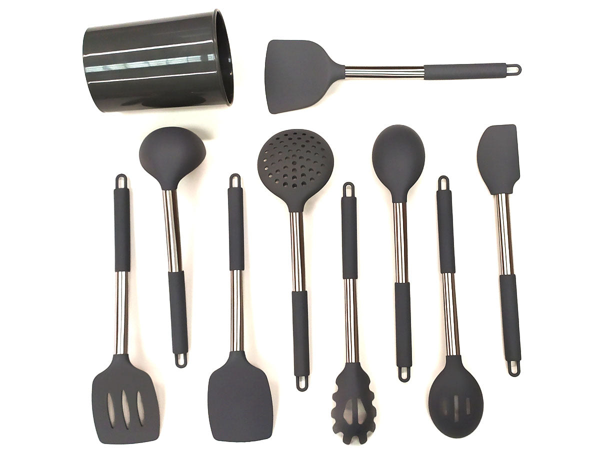 Webake Stainless Steel Handle Silicone Non Stick Kitchen Utensil Set With Holder