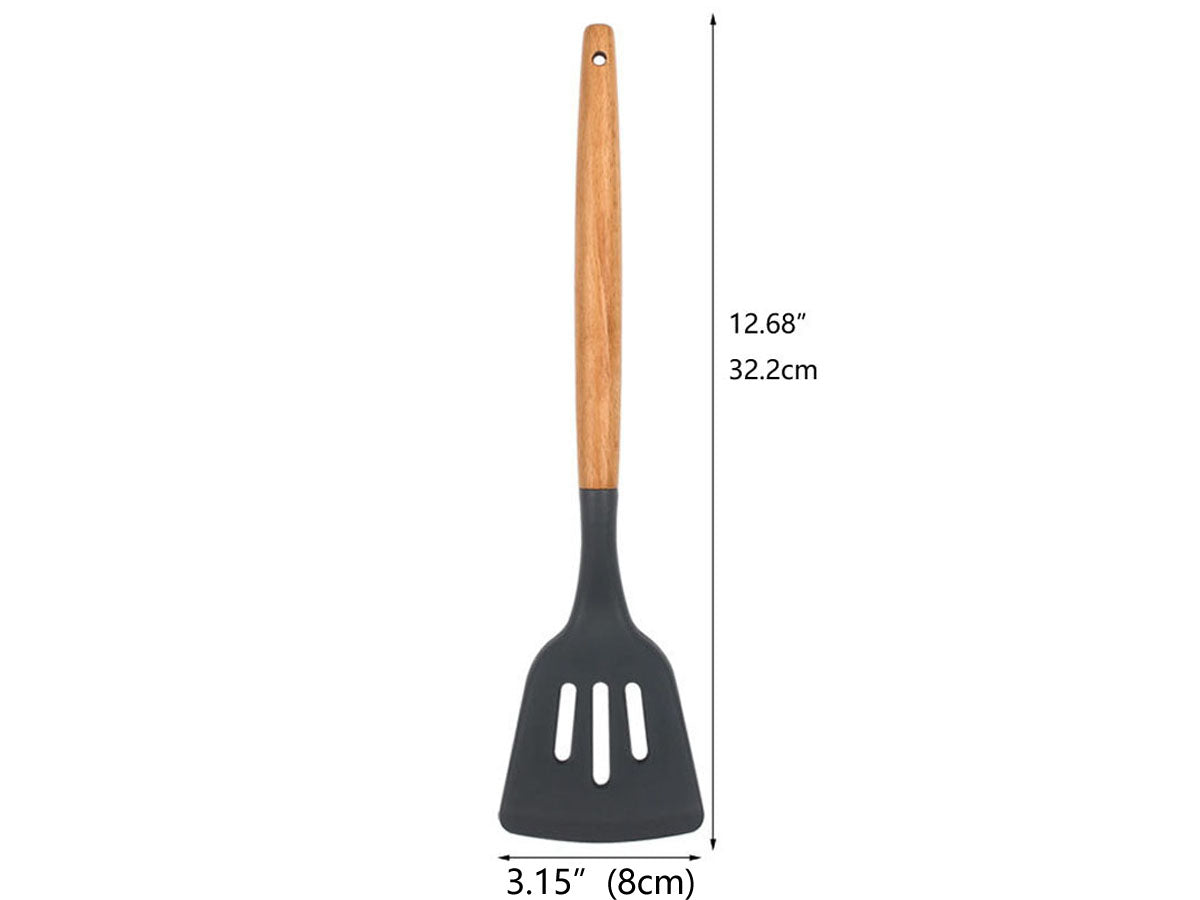 Webake Wooden Handle Non-Stick Silicone Cooking Slotted Utensils (12.68"x3.15")