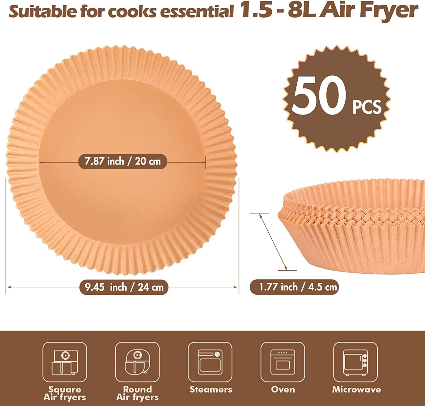 Webake 7.87 Inch 100pcs parchment disposable paper oil-proof water-proof non-stick round air fryer liners