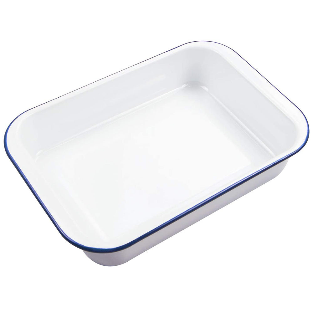 Webake enamelware 9x13 oblong cake baking dish lasagna pan food containers solid white with blue rim