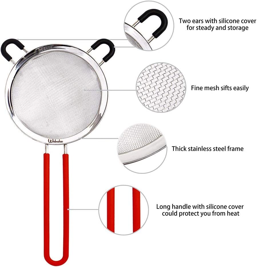 Webake 3,5,7 Inch stainless steel flour sieve fine mesh strainer sifter with silicone handle (3 pack)