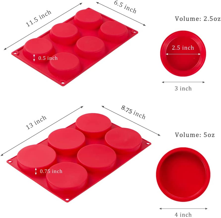 Webake red silicone 3 Inch and 4 Inch round disc pan 6 cavity tart and resin coaster mold,Set of 2
