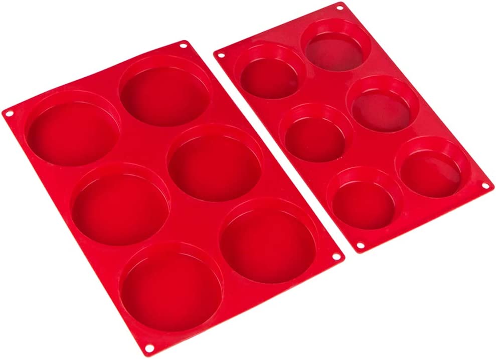 Webake red silicone 3 Inch and 4 Inch round disc pan 6 cavity tart and resin coaster mold,Set of 2