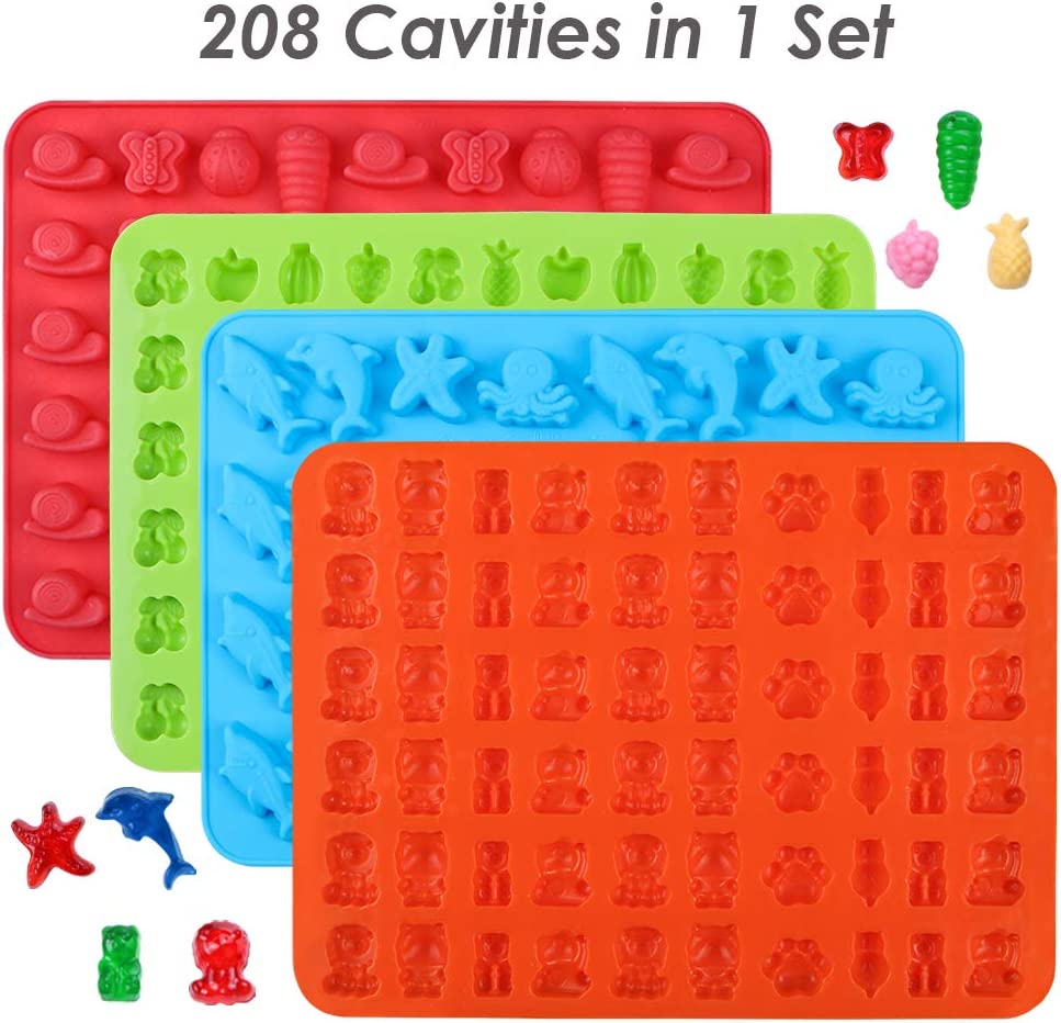 JACOBAKE Gummy Bear Silicone Molds and Fruit Gummy Molds, Set of 4 for 126  Candies, Non Stick Easy Release Premium Gummy Mold with Dropper, BPA Free