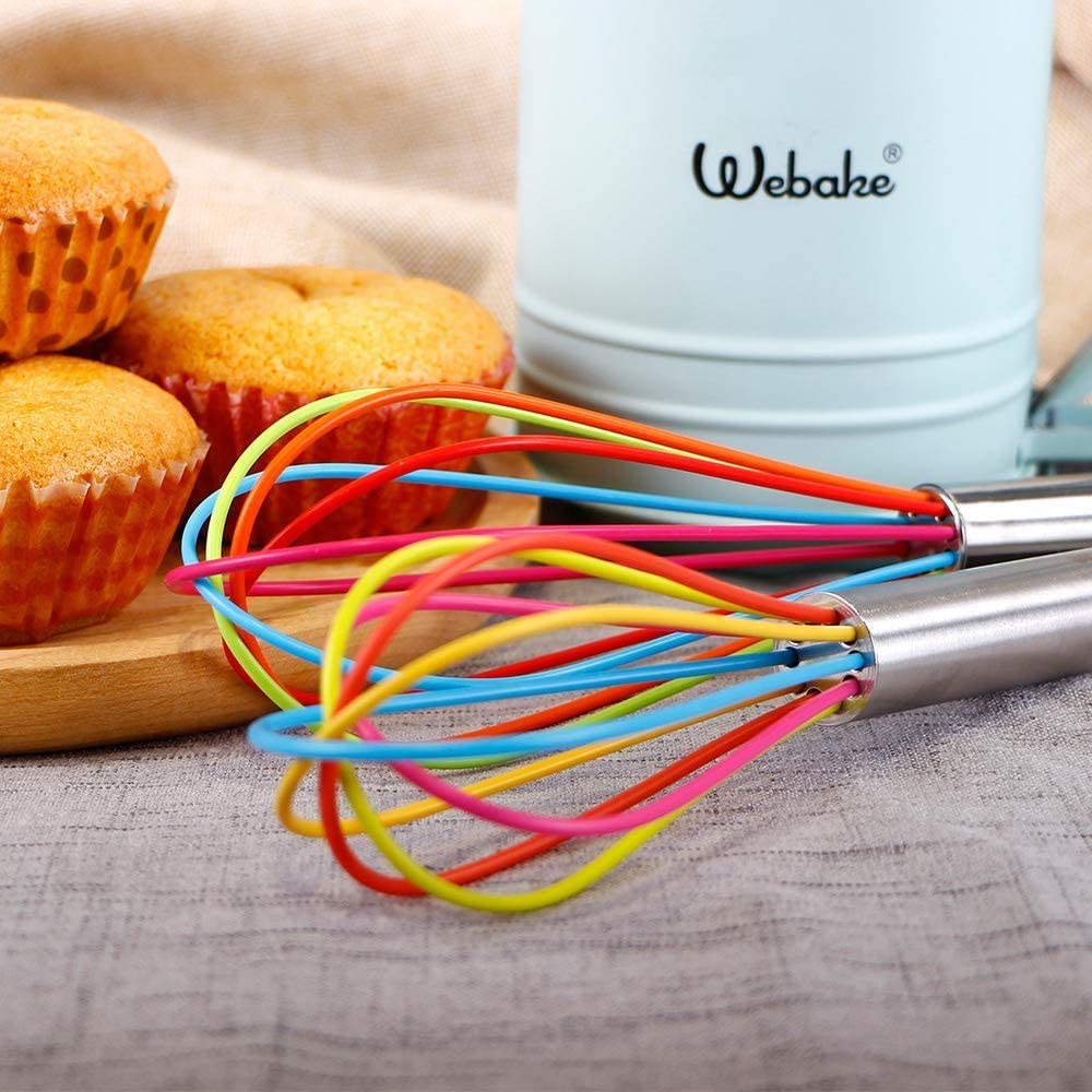 Webake silicone rainbow color whisk hand wire balloon wisks 8 inch 10 Inch 12 inch,Set of 4