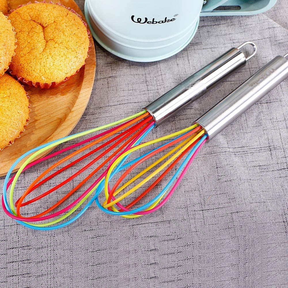 Webake silicone rainbow color whisk hand wire balloon wisks 8 inch 10 Inch 12 inch,Set of 4