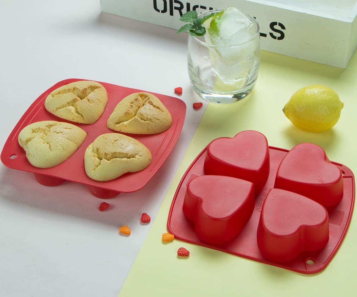 Webake mini silicone small heart shape jelly pudding 4 cavity cupcake pan muffin mold tray,2 Pack