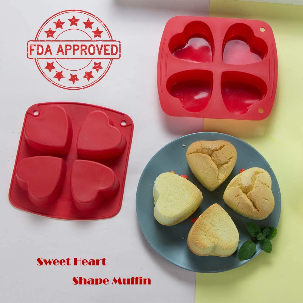 Webake mini silicone small heart shape jelly pudding 4 cavity cupcake pan muffin mold tray,2 Pack