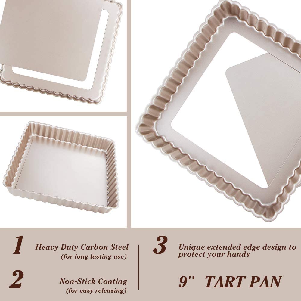 Webake 9 by 9 Inch Square Removable Bottom Non-Stick Quiche Tart Pan